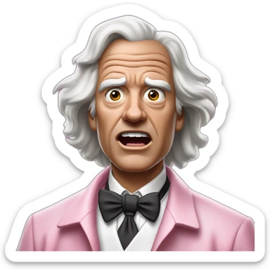 Doc brown from back to the future looking shocked and his mouth wide open. No eye-ware. Wearing a silver robe with black trim over a pink collard shirt with white tie. sticker