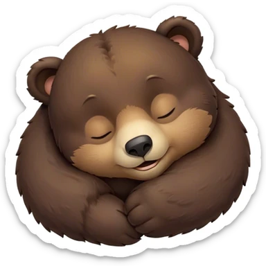 Meme-Worthy Cute Sleeping Bear Portrait Emoji, Head resting peacefully with a contented smile, showcasing a massive, robust build and a luxuriously soft dark brown fur, eyes shut in a serene, restful nap, Simplified yet hilariously adorable features, highly detailed, glowing with a soft, drowsy light, high shine, relaxed and utterly lovable, stylized with an air of playful laziness, bright and heartwarming, soft glowing outline, capturing the essence of a comically sleepy bear, so meme-worthy it feels like it could instantly become the next viral sensation of adorable slumber! sticker