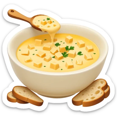 cheese soup with garlic, and cubes of dry dark bread in bowl sticker