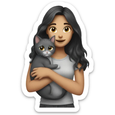 a girl with dark hair hugs a gray kitten sticker