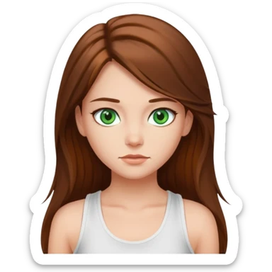 A girl with long brown hair, green eyes, and a white tank top; she doesn't have bangs. sticker