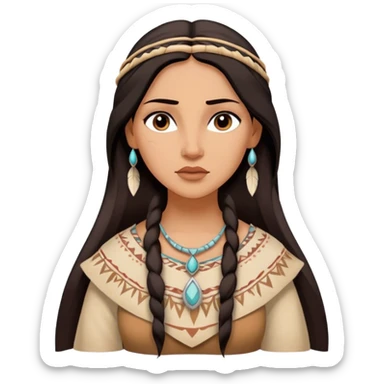 Cinematic Timeless Pocahontas Portrait Emoji, rendered in a realistic, vector style. Depict Pocahontas with warm, glowing skin, naturally flowing dark hair, and a serene, gentle expression, wearing traditional garments in muted earth tones. The design features bold, clean proportions, a soft, inviting glow, and a subtle glowing outline that captures her enduring natural beauty. sticker