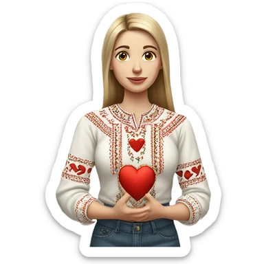 A Ukrainian woman in an embroidered shirt holds a heart in her hands sticker