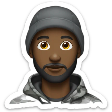 black man with a beard, gray camo hat, black pullover  hoodie sticker