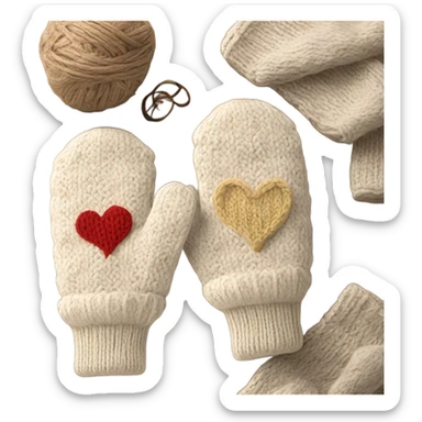 A pair of cozy knitted beige mittens with a hear design sticker