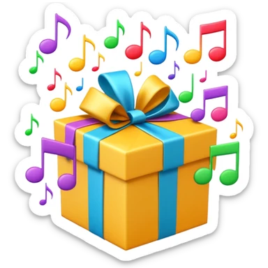 A wrapped gift box opening with colorful music notes flying out from the box sticker