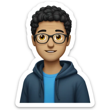 young white guy with black hair and rounded silver glasses with a blue hoodie on sticker