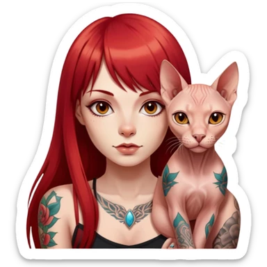 “A girl with long straight red hair and straight bangs, tattoos on her body, and a Sphynx sticker