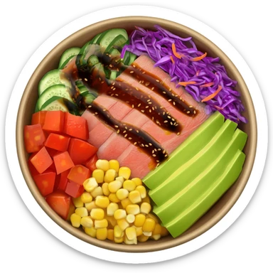 Poke bowl with tuna with soy sauce and sesame seeds on top, tomato in cubes, corn, avocado, cucumber, carrot shedred, purple cabage, in a cardboard poke bowl.” sticker