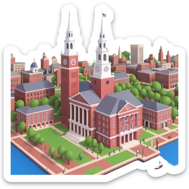 cinematic, realistic emoji of City of Boston landmarks including Faneuil Hall, Massachusetts State House, Prudential Center, tower of Old North Church, and Boston Harbor shore, featuring majestic ornate architecture, lifelike detail, bright lighting, accurate colors sticker