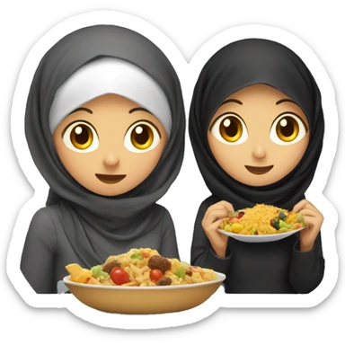 2 women, one with hijab, eating food sticker
