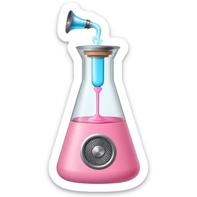 bublegum pink flask beaker with music coming out, as well as a vintage audio speaker sticker