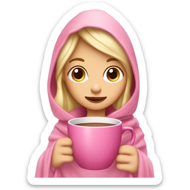 blonde girl with a pink blanket over her head with a cup of hot chocolate in a pink mug sticker