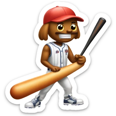 A hot dog with a baseball bat sticker