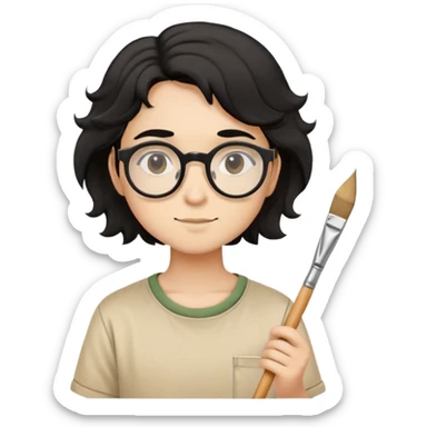 Reliable young painter with round glasses, wavy black hair, beige art shirt, with square paintbrush sticker