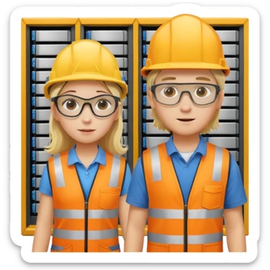 Create a emoji of boy and girl(blond hair) pushing Data center rack servers. They wearing helmet, ear protection, safety glass, orange vest. Yellow drill and wrench on the ground and pockets. Coppers sticker