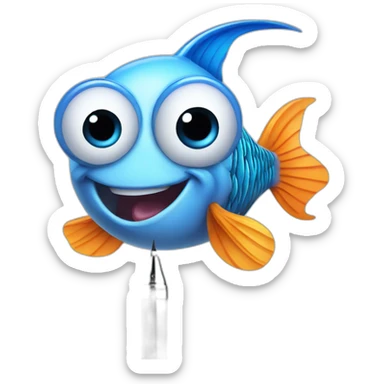 picture of a cartoon fish holding a ballpoint pen sticker