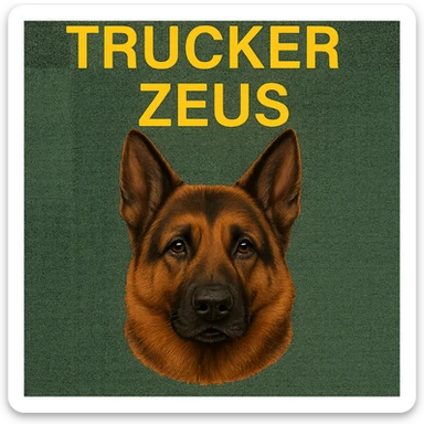 Change the words 'Trucker Zeus' to yellow, keep the realistic German Shepherd, and maintain a transparent background. The style is realistic with a focus on the German Shepherd and clear text in yellow. sticker