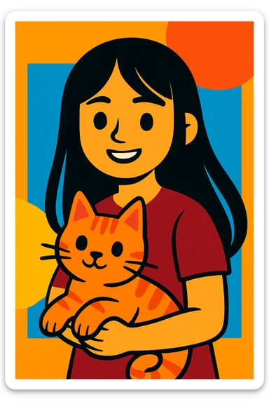 girl with straight long black hair, maroon shirt, carrying a cat, vibrant toon style sticker