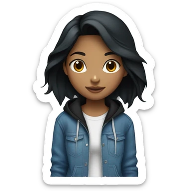 girl with black hair wearing blue baggy jeans and a black hoodie sticker