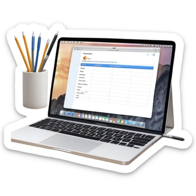 online booking system on MacBook screen next to an old-style paper notebook with a pen, both fully visible, no background, no cut-off edges sticker