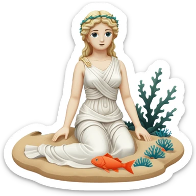 sunken on sand, white female greek statue, broken, include water and coral in the sea, sea weed, fish sticker