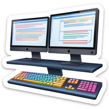 An icon featuring two large monitors filled with colorful code lines, symbolizing programming. The design includes a keyboard, terminal windows, and flowcharts in the background, representing software development, logic, and debugging. Transparent background sticker