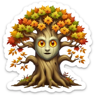 Create a mystical forest menacing creature with the ancient wisdom of a sentient tree whose twisted trunk supports a crown of vibrant autumn foliage surrounding a cheerful, sun-like face that blooms with seasonal energy.


 sticker