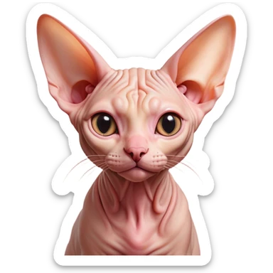 Cinematic Cute Sphynx Cat Portrait Emoji, Head tilted playfully and inquisitively, soft, wrinkled skin in warm peach and pink hues, oversized ears and wide, expressive eyes filled with curiosity, Simplified yet irresistibly adorable features, highly detailed, glowing with a warm, friendly glow, high shine, affectionate and lively, stylized with a touch of whimsy, bright and endearing, soft glowing outline, capturing the essence of a mischievous yet loving kitten, so playful it feels like it could pounce out of the screen and into your arms! sticker