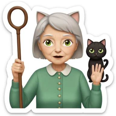 A grouchy old lady with a wooden cane in her hand waving it in the air shouting out "Stay Off My Lawn!" Hair Is short brown with some grey in it eyes are brown also  a pure black cat with big green eyes sitting on her left shoulder. The cat has her left paw up sticker