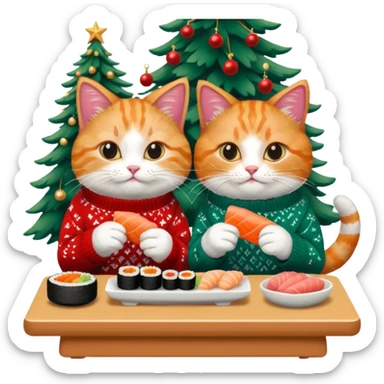 2 cats in christmas sweaters eating sushi sticker