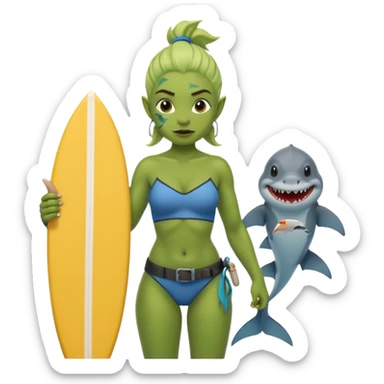 orc female holds a little surfboard with a shark painted vertically in his hands sticker