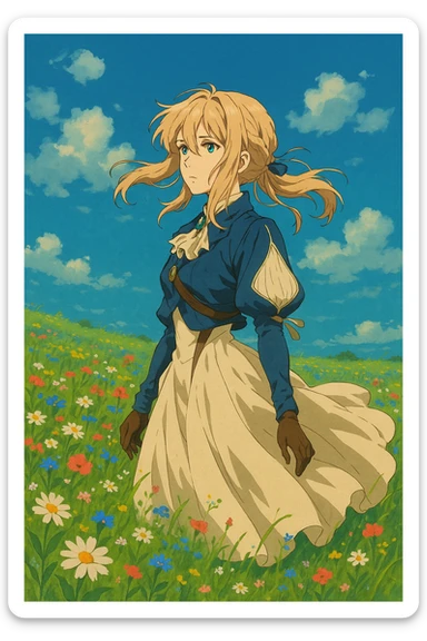 Violet Evergarden, standing in a field of flowers, wind blowing her hair and dress, cinematic anime illustration sticker