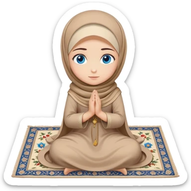 Turkish beautiful finish Konya girl blue eyes with beige flower hijab long tail dress and sits on the pray mat namaz on the ground with dua  sticker