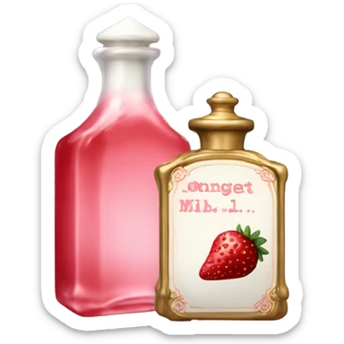 Antique parfumerie bottle with oil, made of red crystals, white cream and pink strawberry milk pour from the bottle sticker