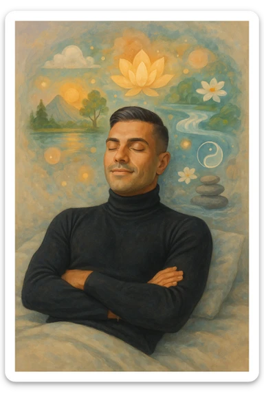 Un uomo sdraiato su un letto o una superficie fluttuante, con un'espressione serena e gli occhi chiusi. Attorno a lui, proiettate dalla sua mente, si materializzano immagini vivide di benessere e armonia: sticker