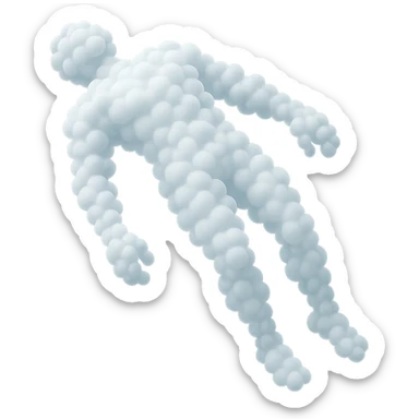 an unconscious person flying upwards by the torso, legs and arms downwards, made of small very bright white fluffy convex clouds, matte glass style sticker
