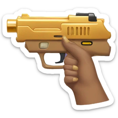Light brown hand with gold nails holding dark nerf gun sticker