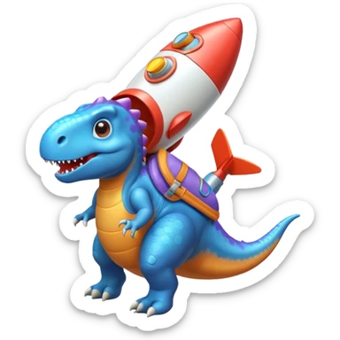 cute toy-like rocket-propelled dinosaur, rounded shapes, glossy texture, colorful rocket backpack, happy expression, 3D cartoon, mobile game icon style, clean background, no text, no watermark
 sticker