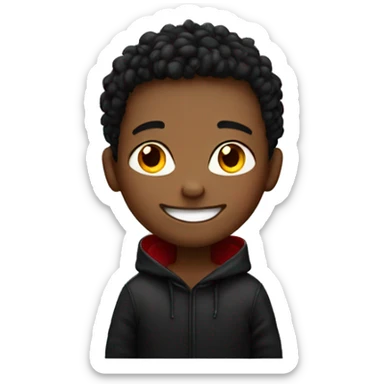 smiling boy in black hoodie with red bumps  sticker