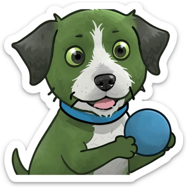 Make a little fluffy dog like the havapoo breed and make it black and white with a ball in its mouth a little blue spiky ball sticker