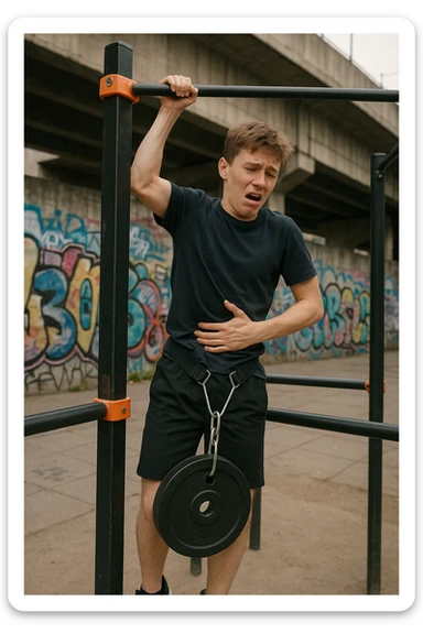 Giovane atleta neofita, fisico normale e non ancora sviluppato, si allena per la prima volta in uno spazio urbano per streetlifting: sbarra per trazioni, parallele, e pesi appesi alla cintura. Ma si è infortunato perchè non faceva le cose con la giusta tecnica. sticker