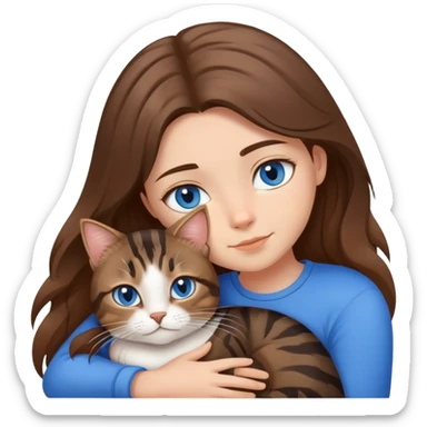 black and brown tabby cat cuddles white human girl with medium long brown hair and blue eyes sticker