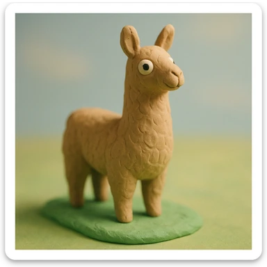 llama in claymation style standing on green grass with visible fingerprints and pastel palette sticker