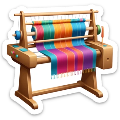 Weaving icon, loom with colorful fabric being woven, visible shuttle, spools of yarn, fabric swatches, sewing patterns, and finished clothing items, minimalistic style, clean lines, transparent background. sticker