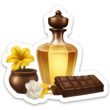 An antique perfume bottle with oil made of bronze and brown crystals, coconut cream and coffee milk flow, chocolate, yellow flowers of fragrant vanilla lie next to it sticker
