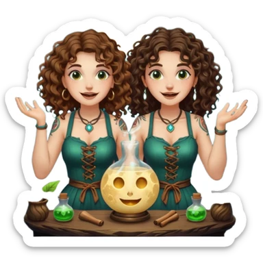 forest alchemist duo two women curly long hair tattooed and short brown hair mixing glowing moon potion together excited faces sticker