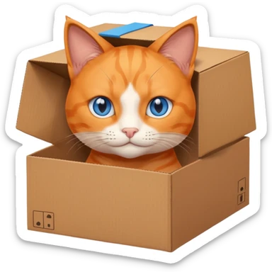 anime character cat that is orange cat, that its body is inside of a simple brown box. cats eyes are blue , but head is showing up sticker