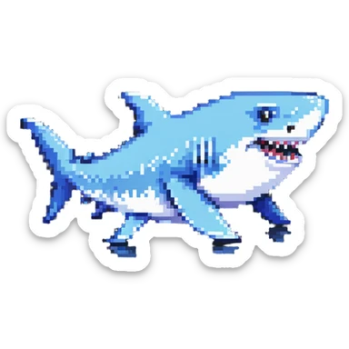 shark with sneakers on fins, fun and quirky pixel art sticker