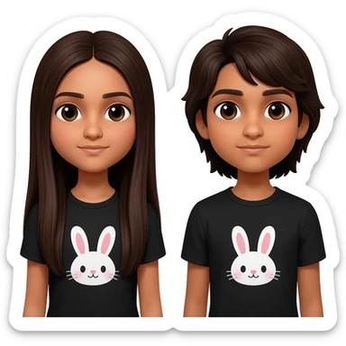 two identical friend. both look like 13 year olds. No smile lines, make the bunnies kawaii and the shirt black. Both have matching bunny shirts and have PIN STRAIGHT HAIR One has super long dark brown hair that goes to waist, one has long hair that is also dark brown. They both have Indian skin sticker